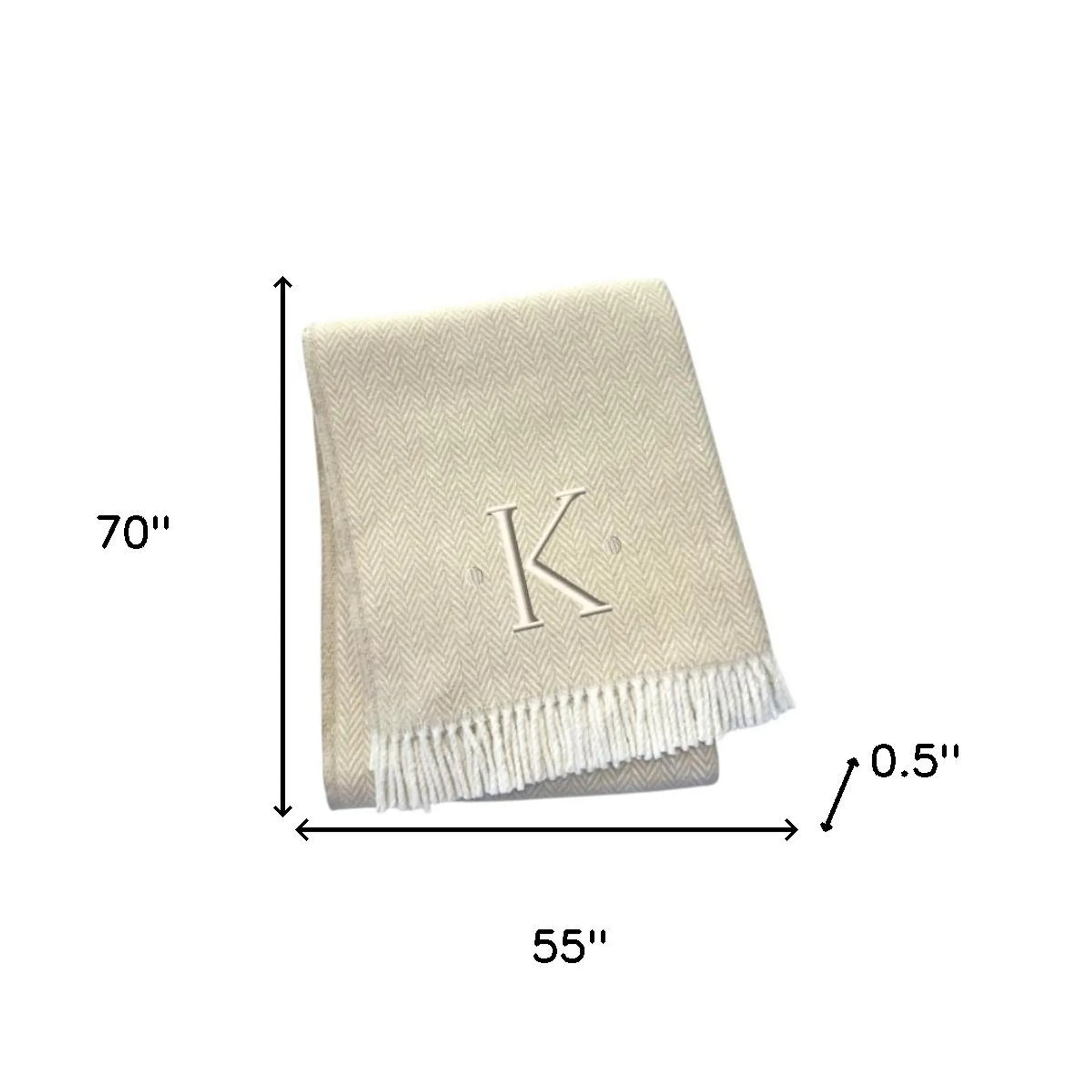 Herringbone Cotton Blend K Initial Throw Blanket with Tassels And Embroidery - Image 6