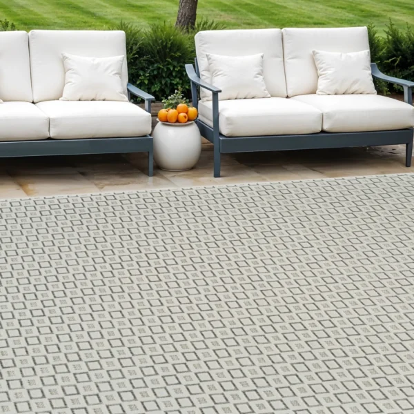6' X 9' Cream and Beige Geometric Distressed Indoor Outdoor Area Rug