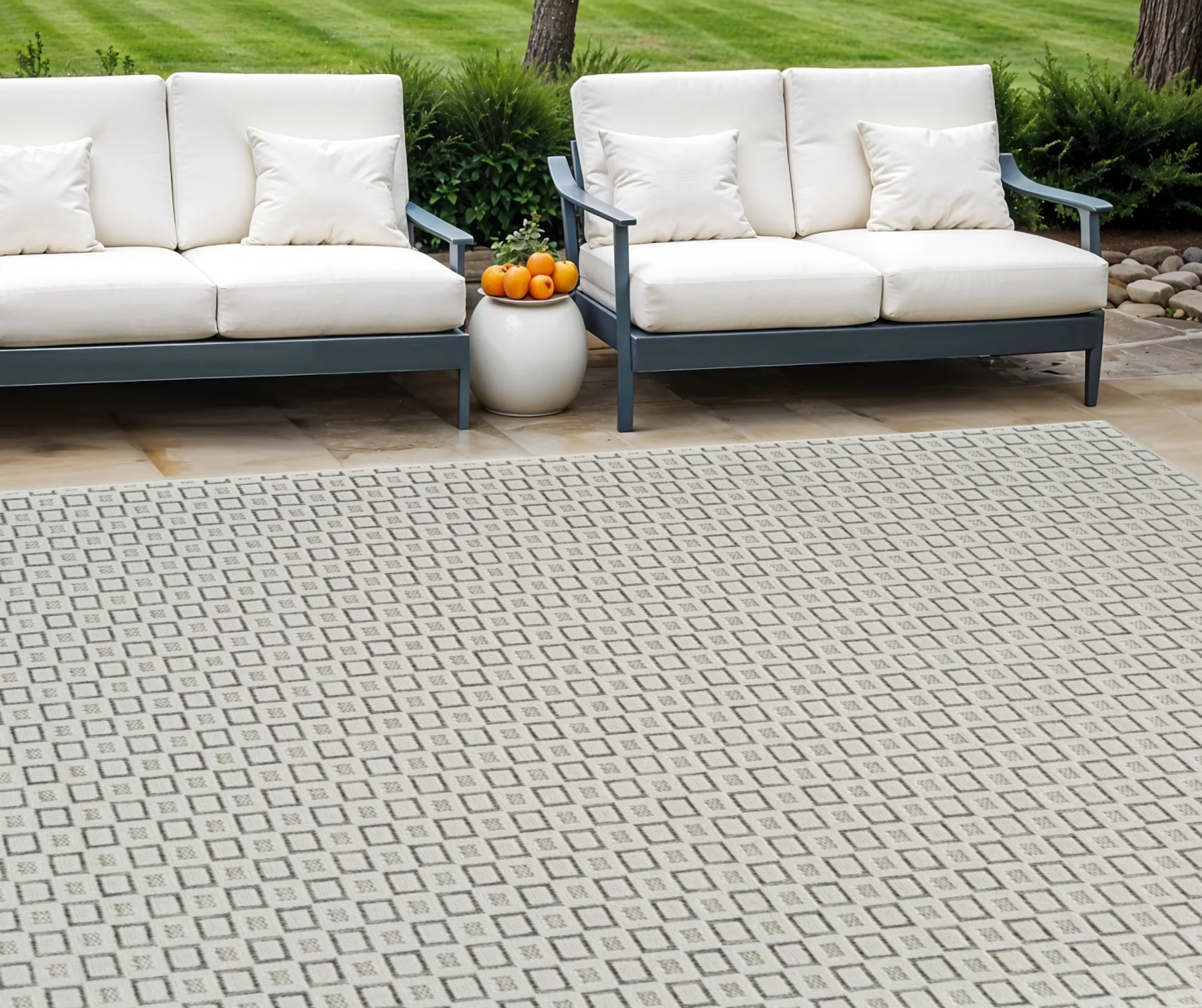 6' X 9' Cream and Beige Geometric Distressed Indoor Outdoor Area Rug