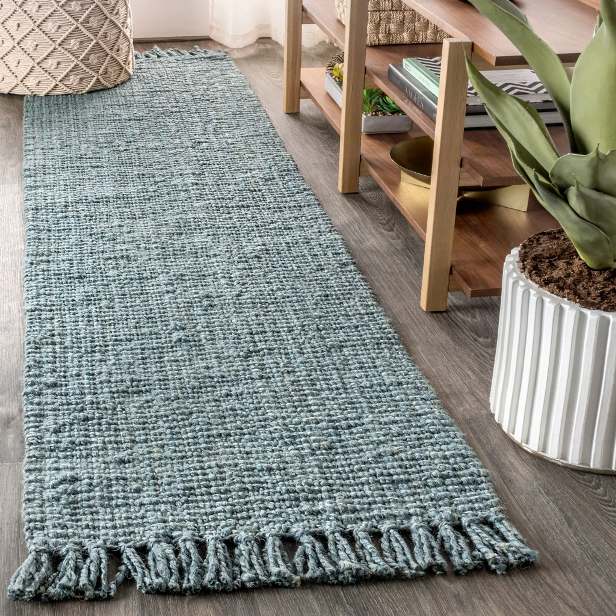 18' Light Blue Jute Handmade Runner Rug With Fringe - Image 3