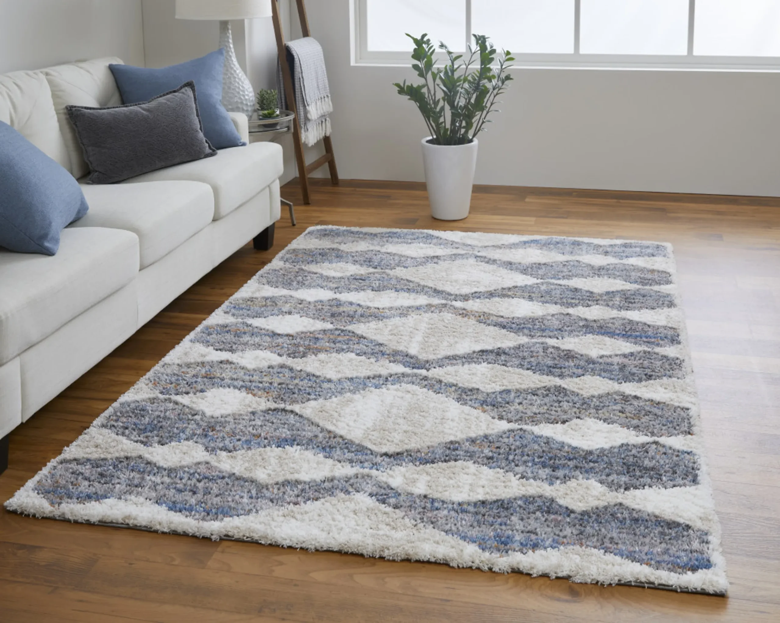 5' X 8' Tan Ivory And Blue Chevron Power Loom Stain Resistant Area Rug - Image 6