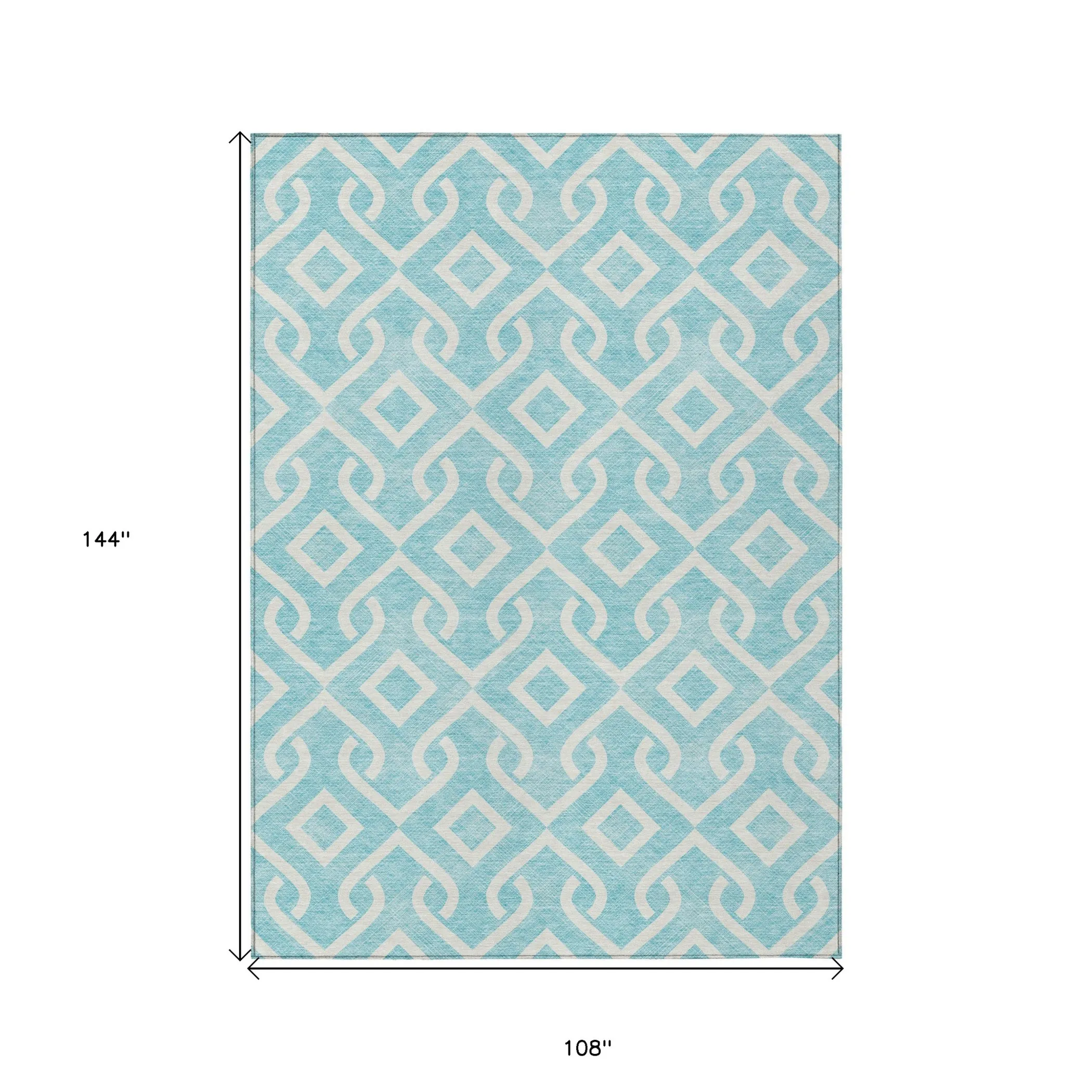 9' X 12' Aqua And Ivory Geometric Washable Indoor Outdoor Area Rug - Image 3