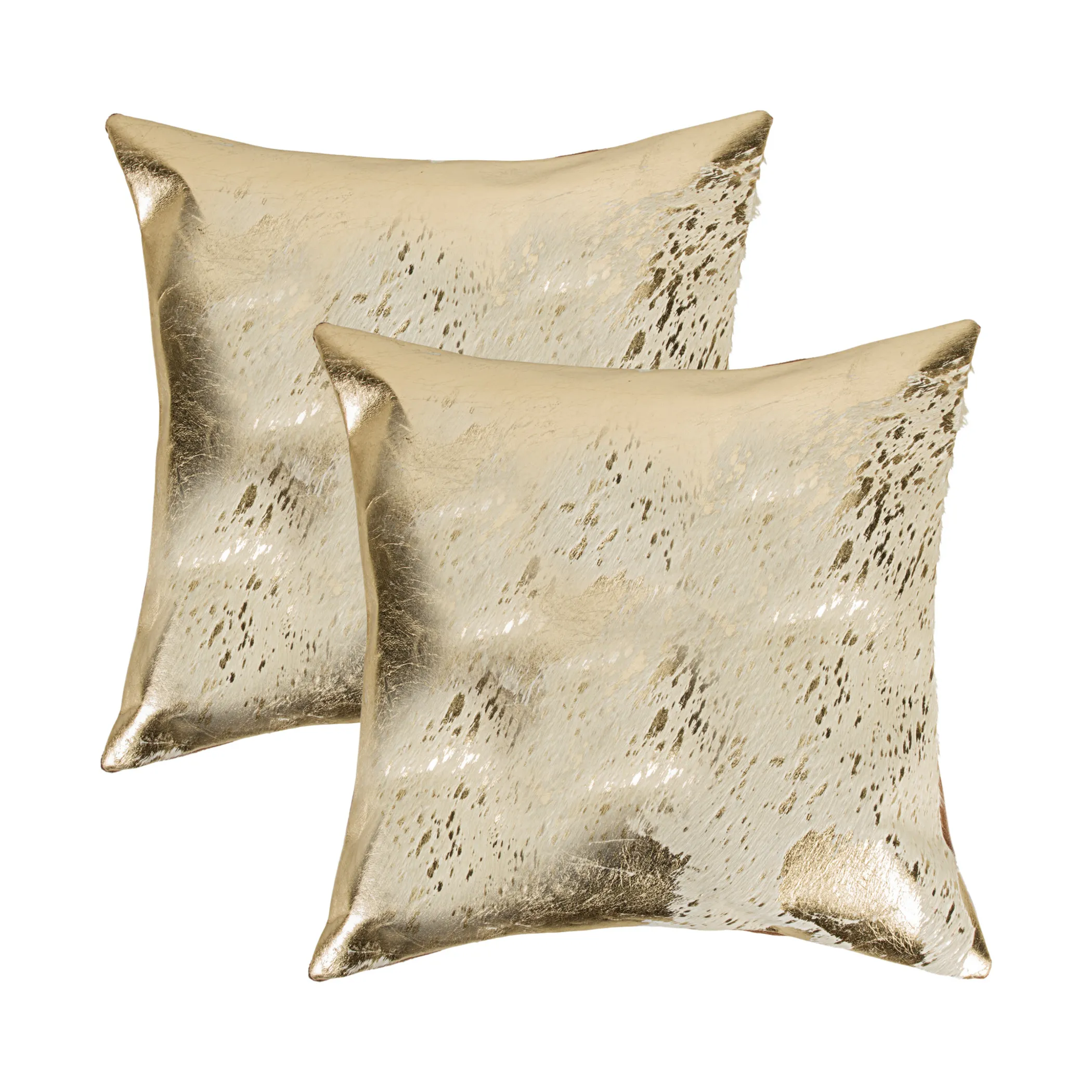 Set of Two 18" Natural and Gold Abstract Cowhide Throw Pillows with Glitter - Image 4