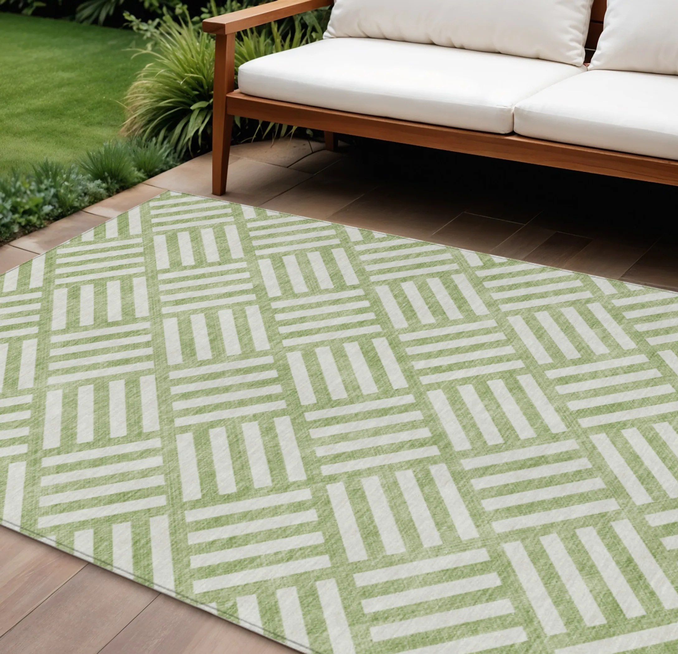 10' X 14' Artichoke Green And Ivory Geometric Washable Indoor Outdoor Area Rug