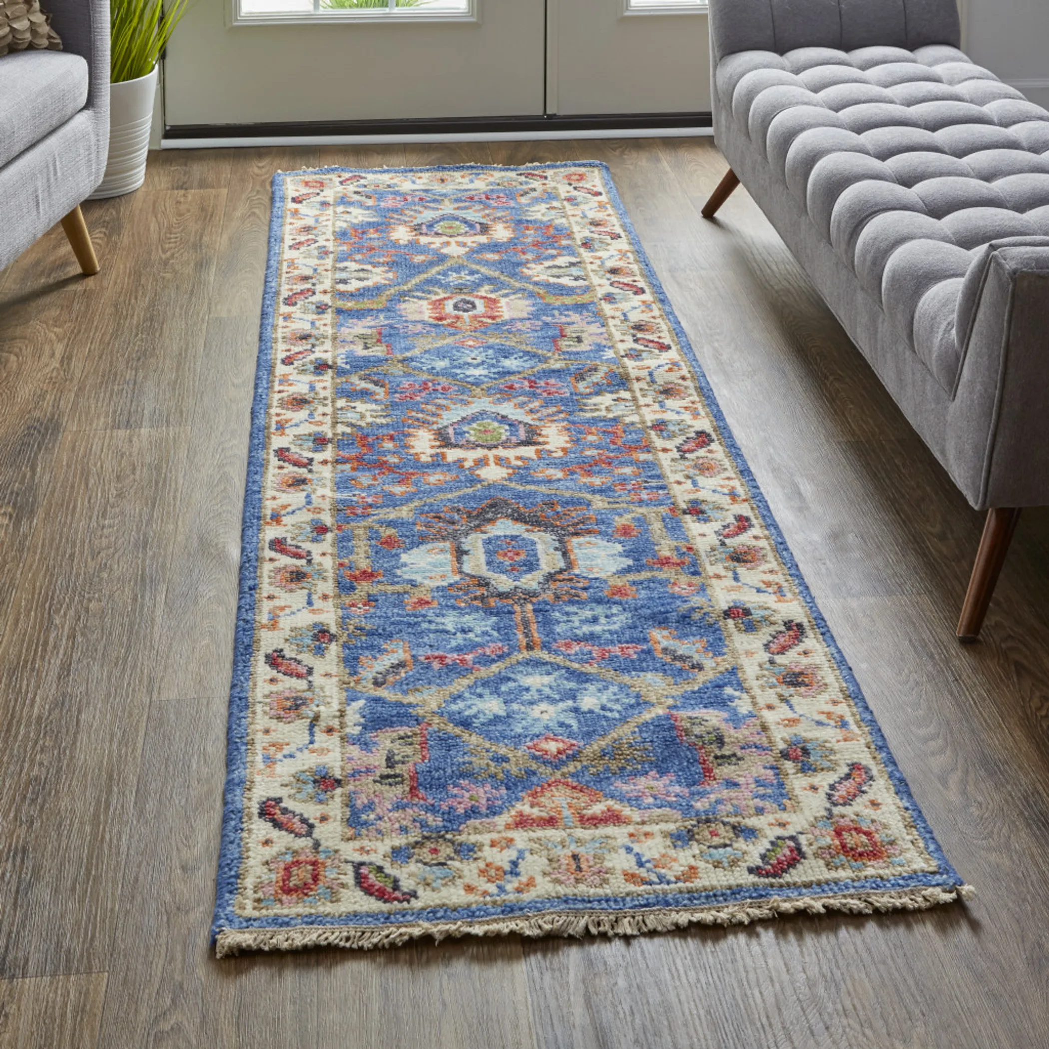 8' Blue and Beige Wool Floral Hand Knotted Runner Rug With Fringe - Image 5