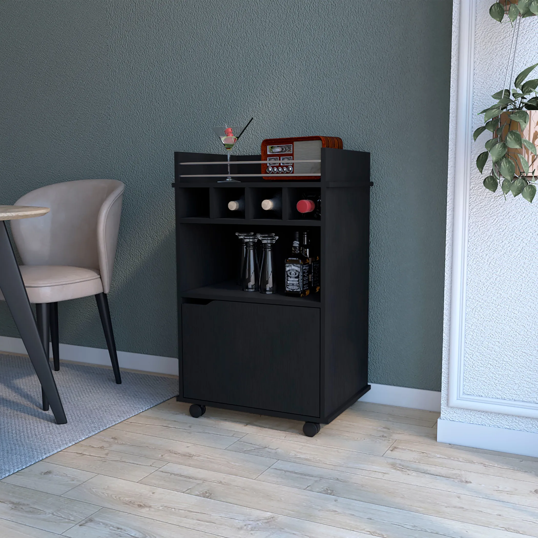 22" Black Wood Rolling Bar Cart With Wine Storage - Image 6