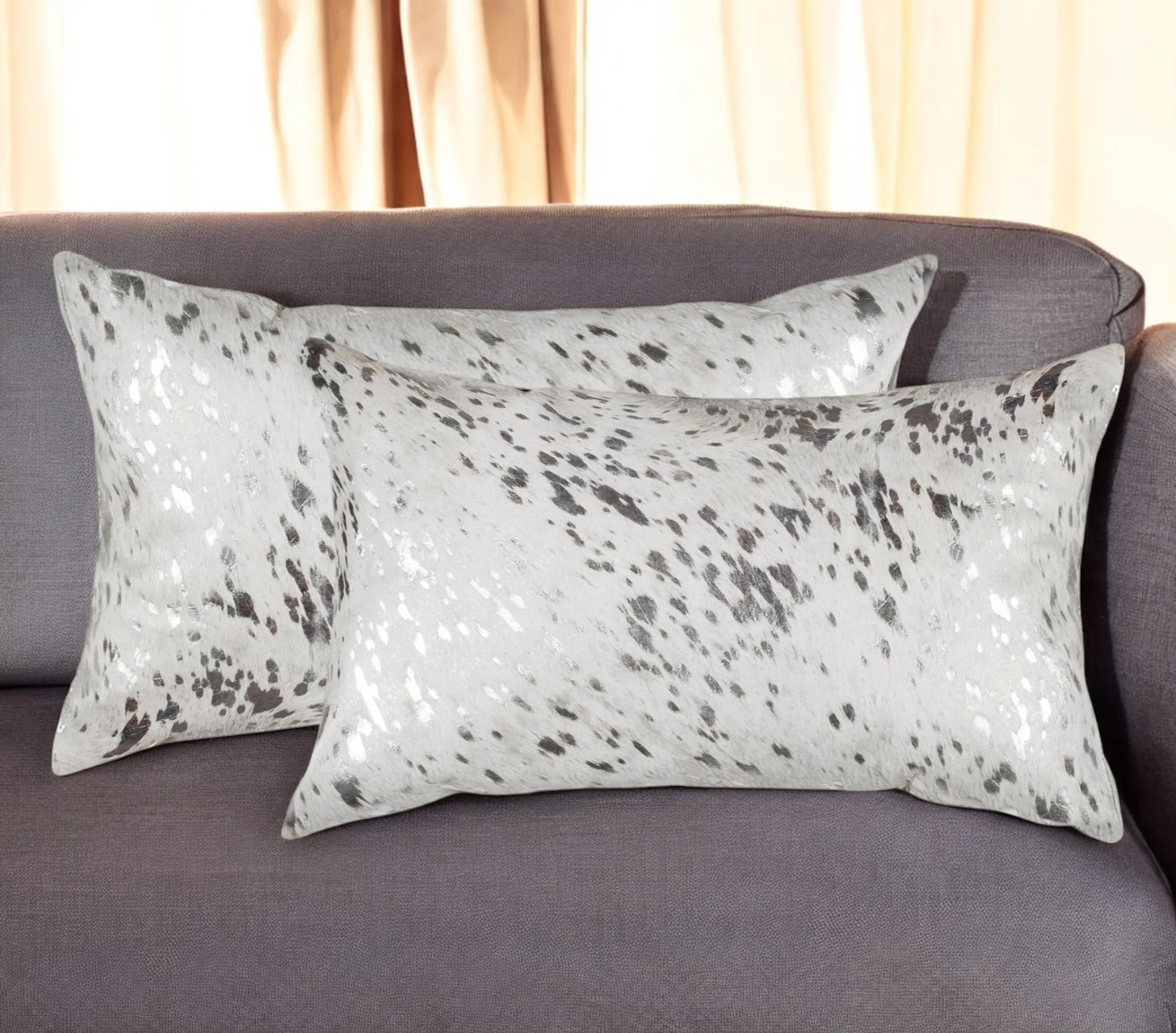 Set of Two 12" X 20" Gray and Silver Abstract Cowhide Lumbar Throw Pillows with Glitter - Image 2