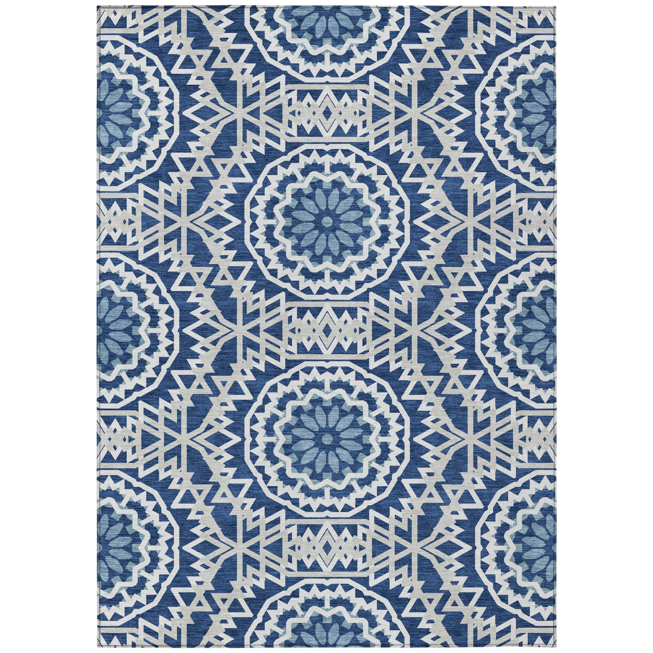 10' X 14' Navy Blue Ivory And Gray Floral Medallion Washable Indoor Outdoor Area Rug - Image 2