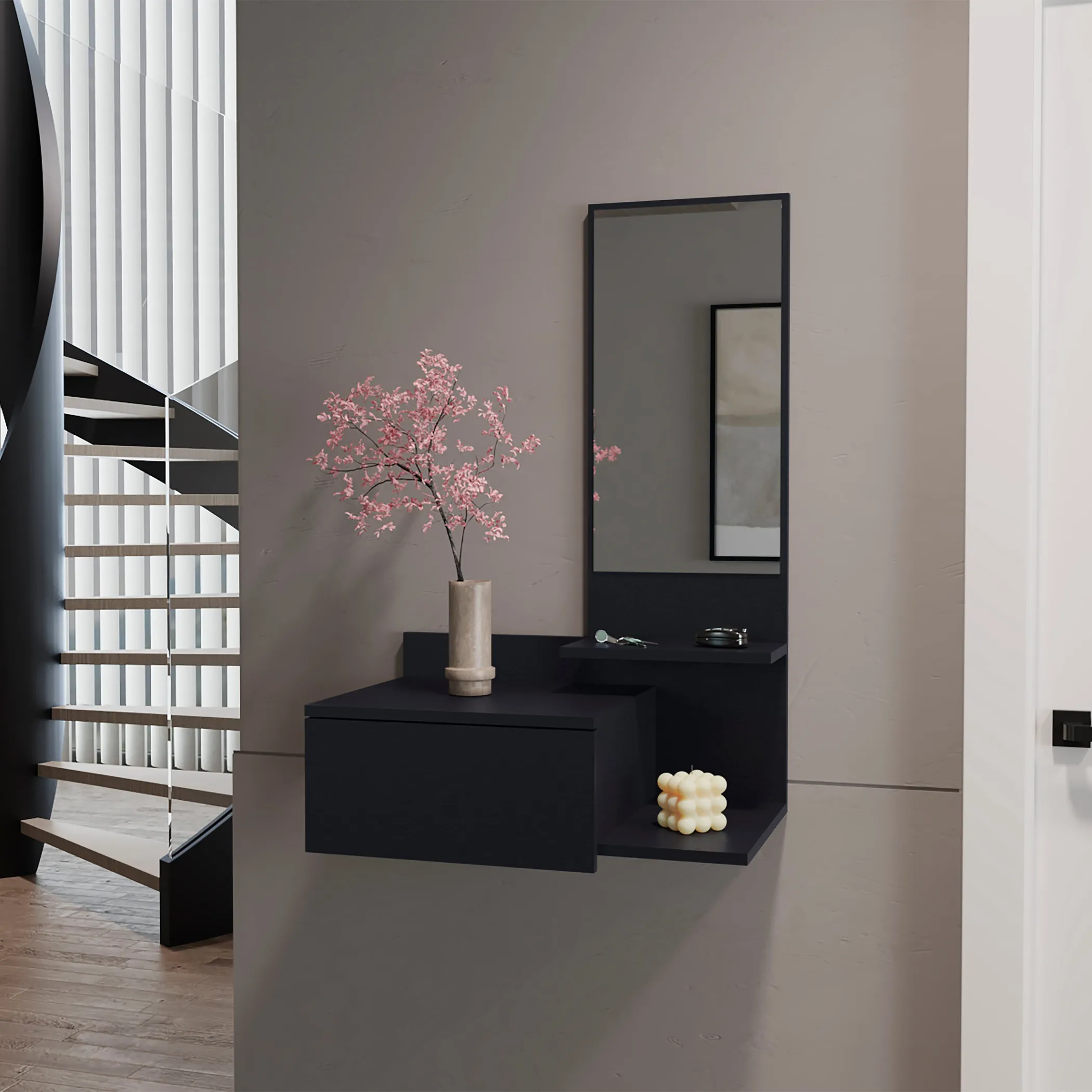 36" Black Wood Wall Mounted Accent Cabinet With Drawer And Mirror - Image 6