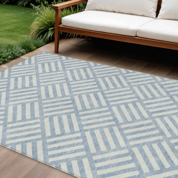 10' X 14' Sky Blue And Ivory Geometric Washable Indoor Outdoor Area Rug