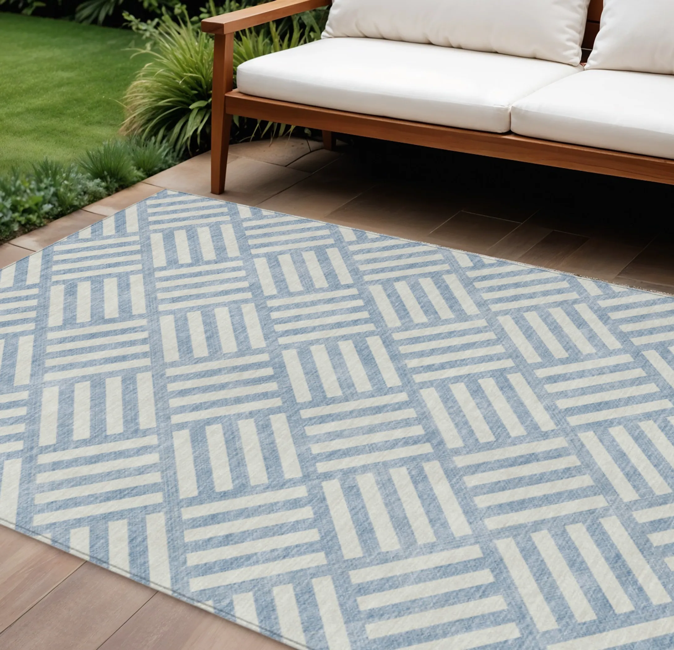 10' X 14' Sky Blue And Ivory Geometric Washable Indoor Outdoor Area Rug