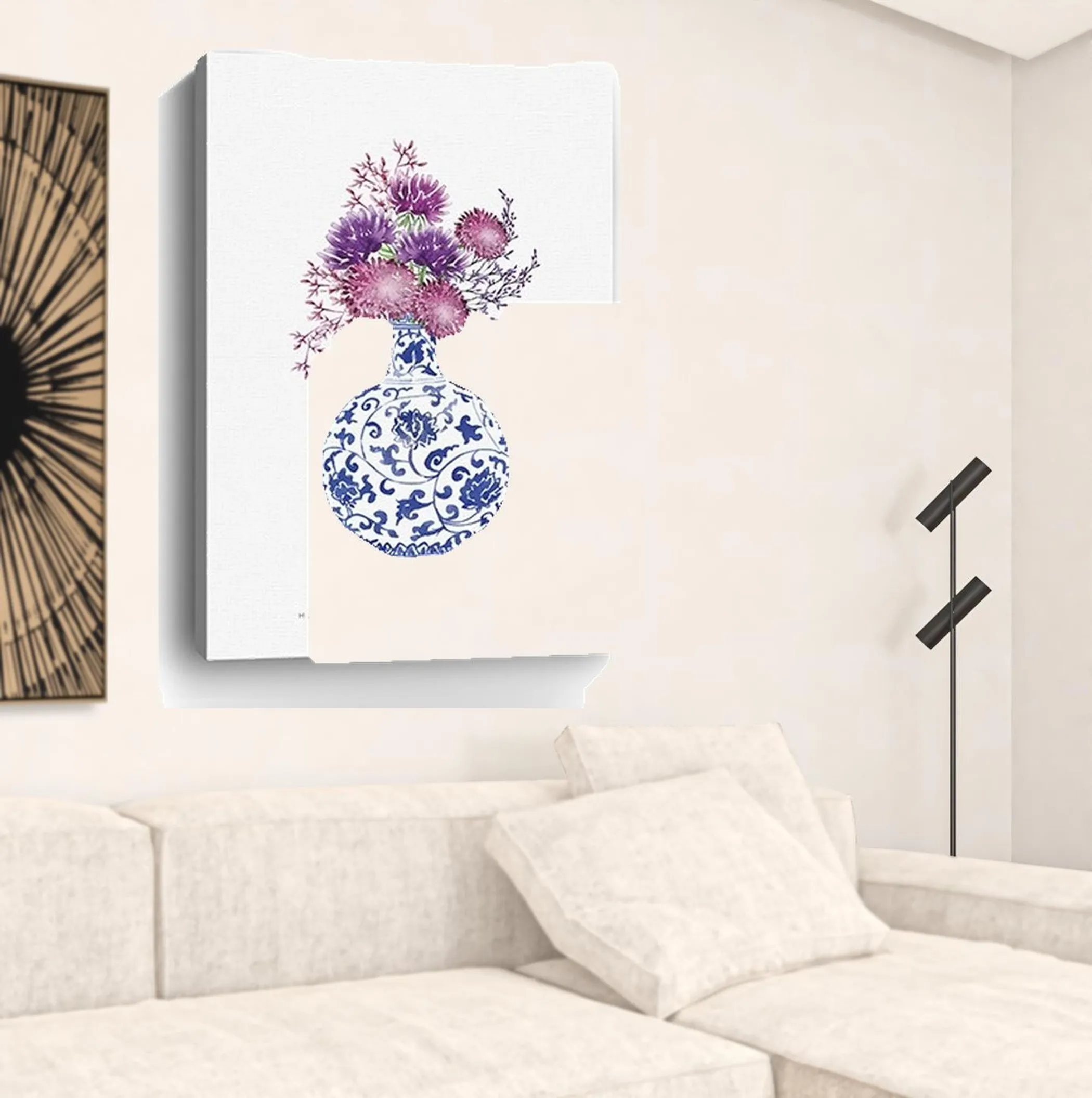 48" x 32" Blue and White Happiness Floral Vase Canvas Wall Art - Image 3