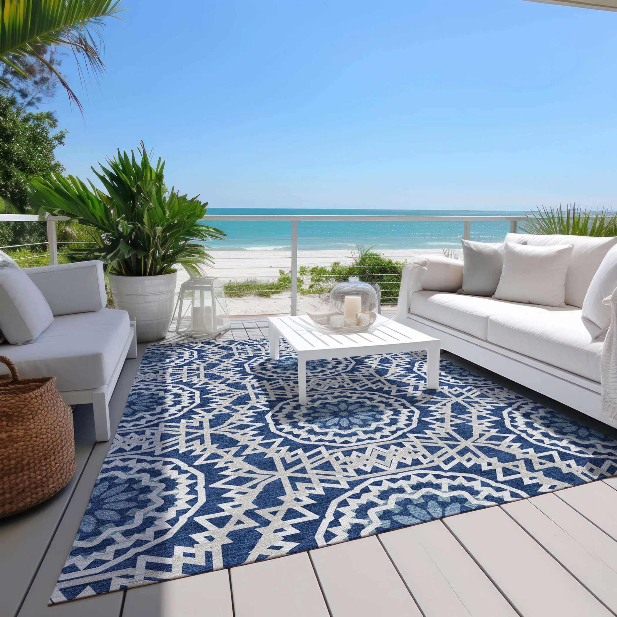 10' X 14' Navy Blue Ivory And Gray Floral Medallion Washable Indoor Outdoor Area Rug - Image 6