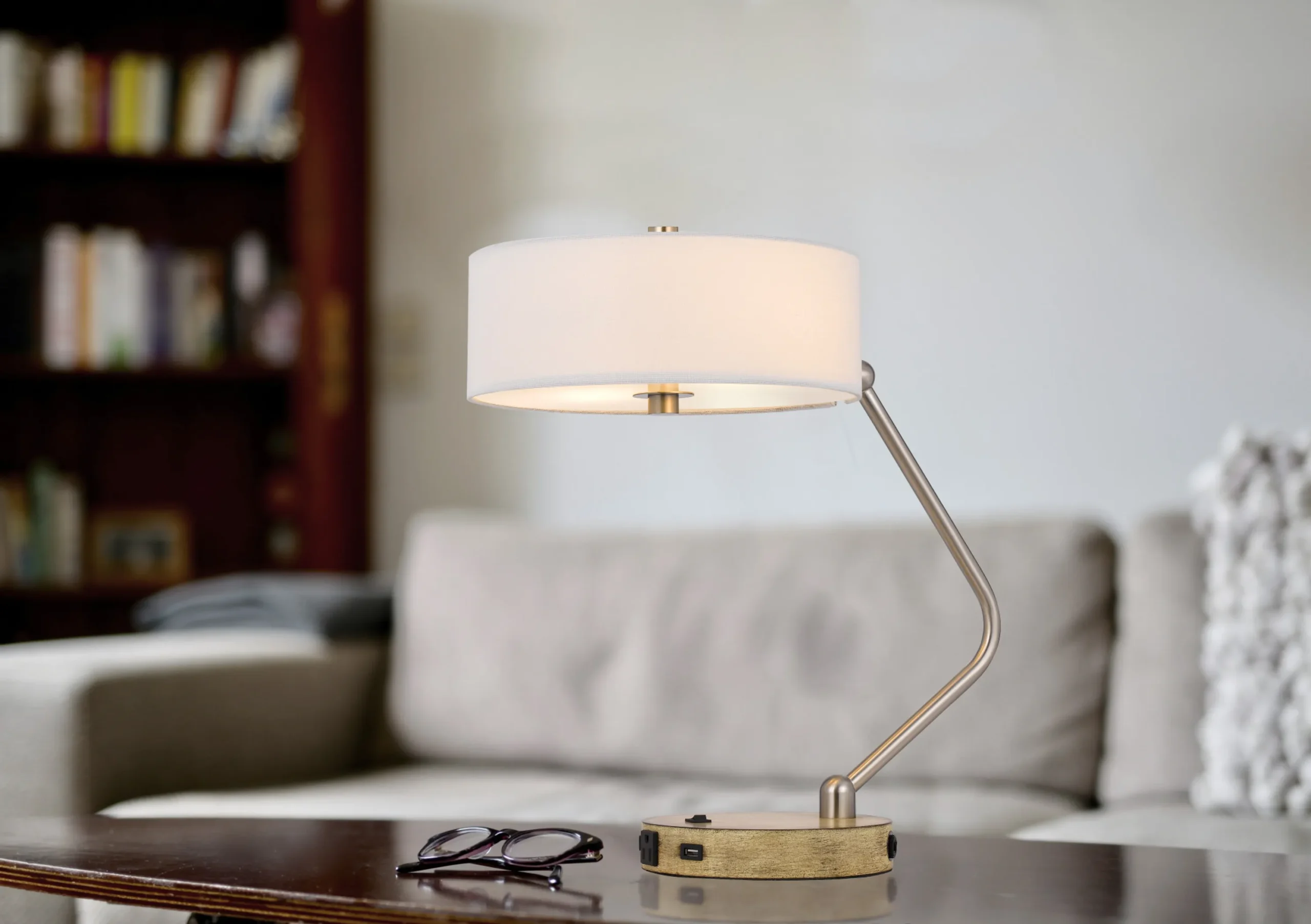 20" Brown Metal Two Light Lantern Desk USB Table Lamp With White Drum Shade - Image 5