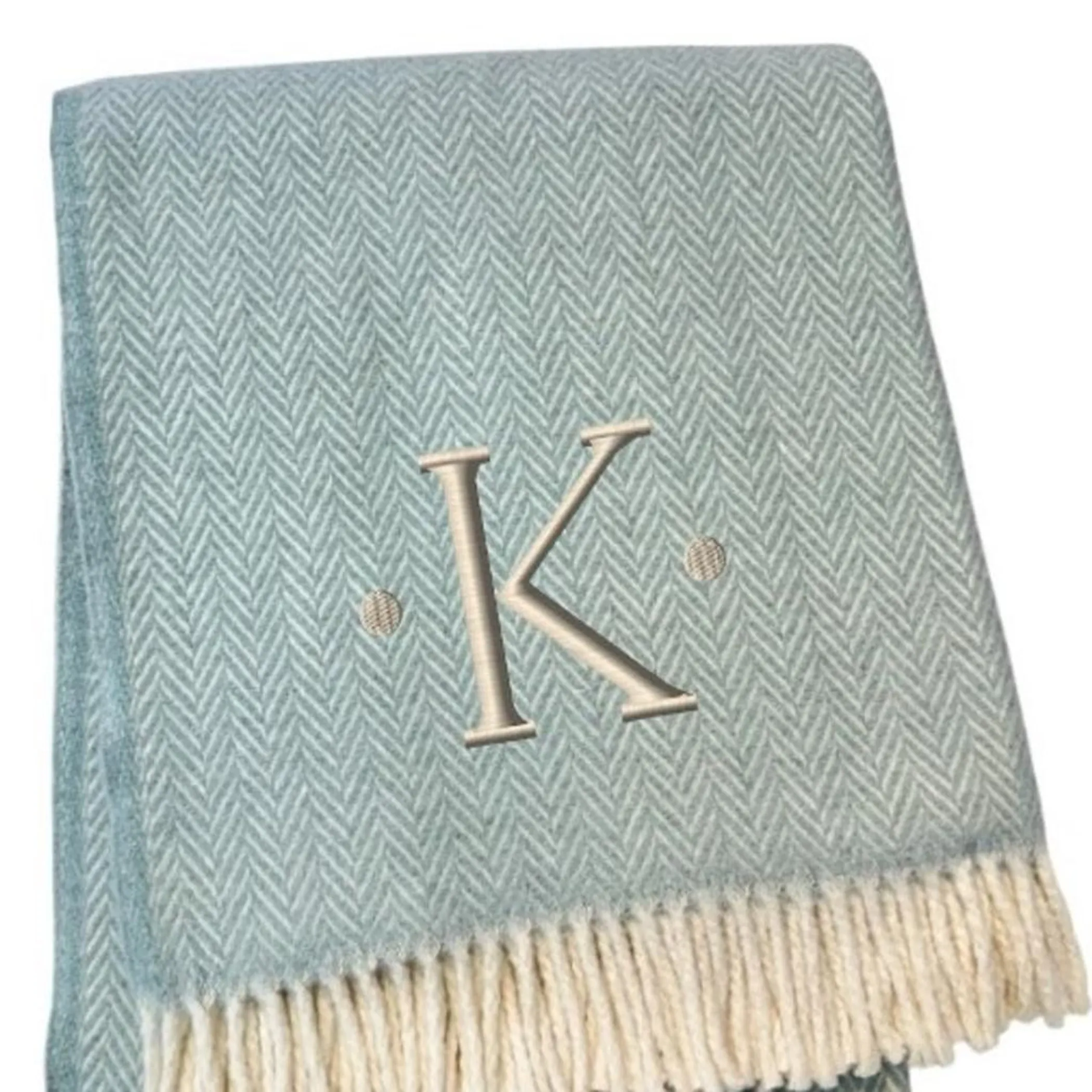 Herringbone Cotton Blend K Initial Throw Blanket with Tassels And Embroidery - Image 4