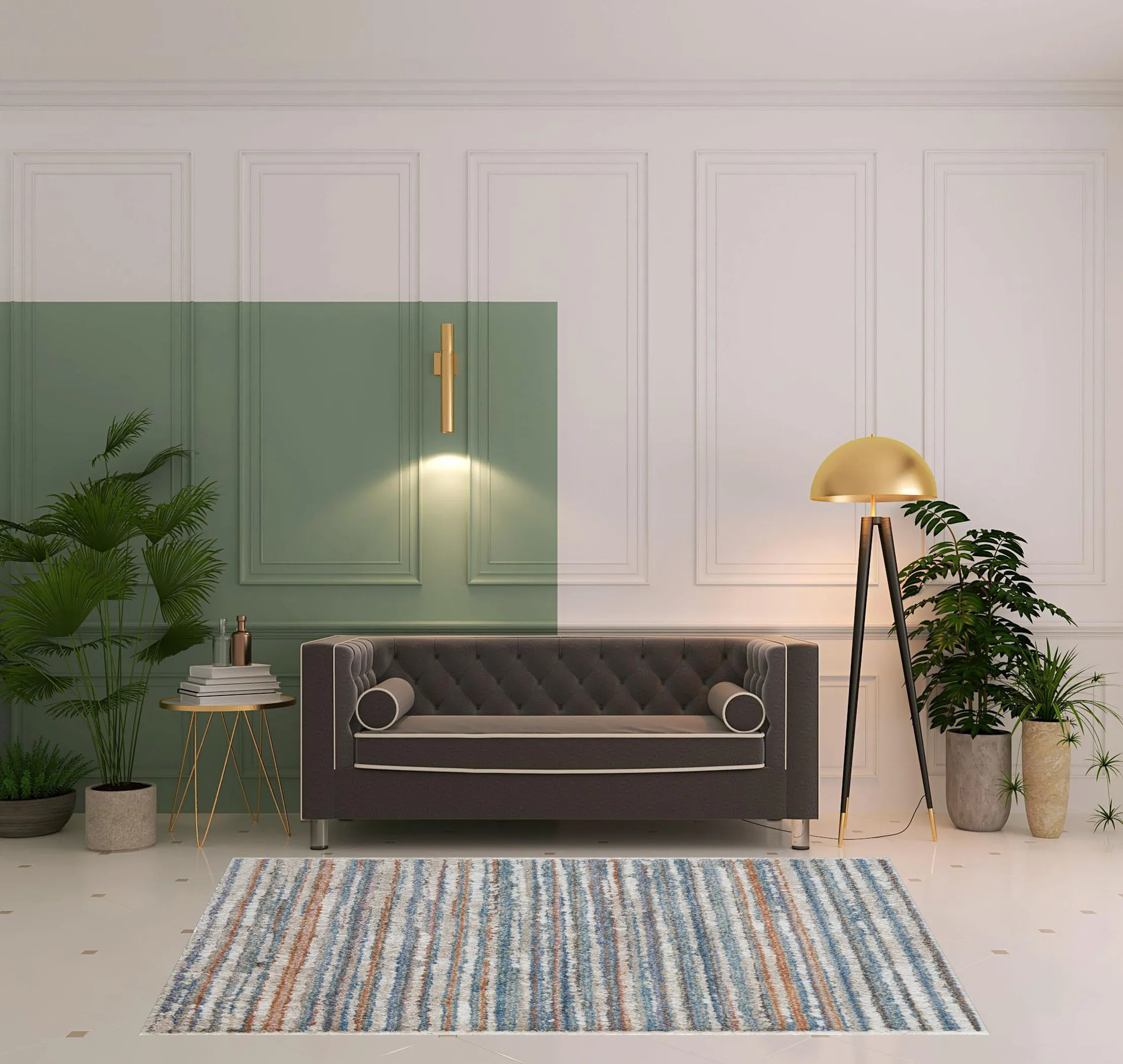 5' X 8' Ivory Blue And Orange Striped Power Loom Stain Resistant Area Rug - Image 2