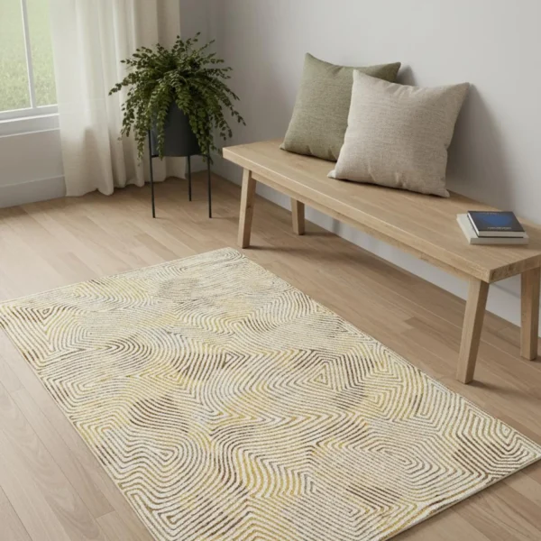 2' X 5' Beige Gold And Brown Geometric Washable Area Rug With UV Protection