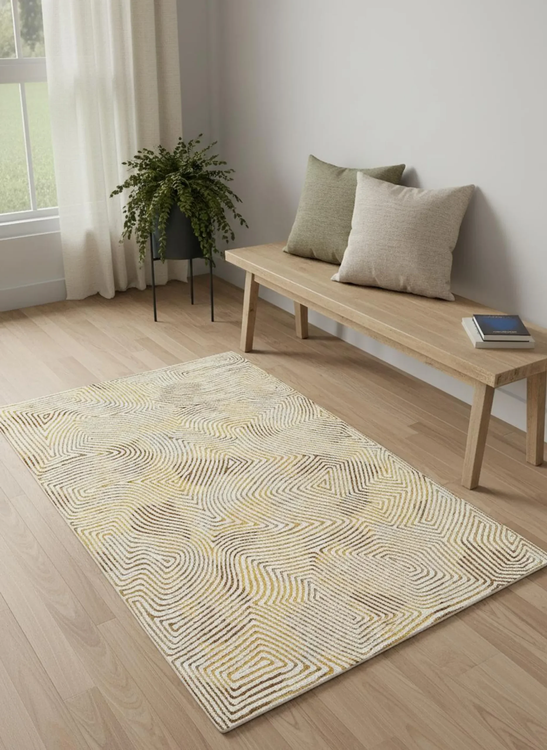 2' X 5' Beige Gold And Brown Geometric Washable Area Rug With UV Protection