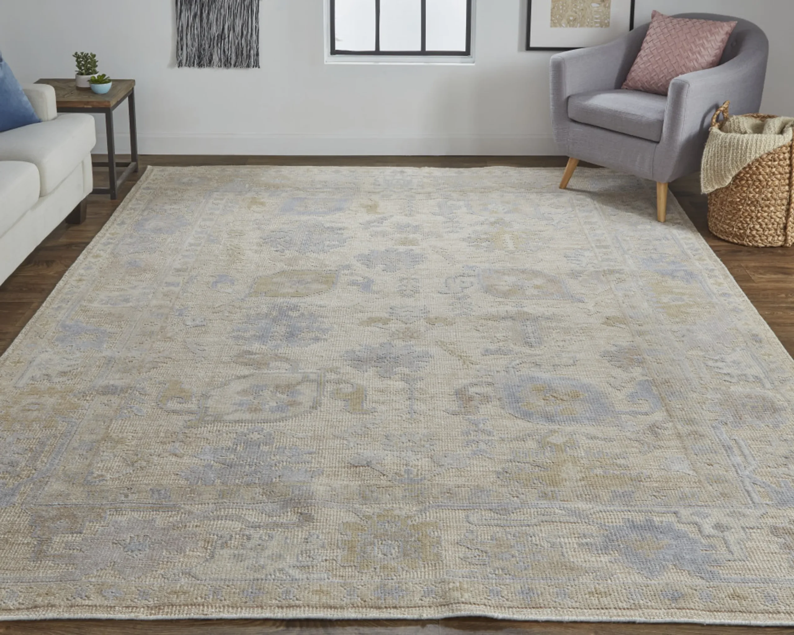 4' X 6' Tan Orange And Blue Floral Hand Knotted Stain Resistant Area Rug - Image 6