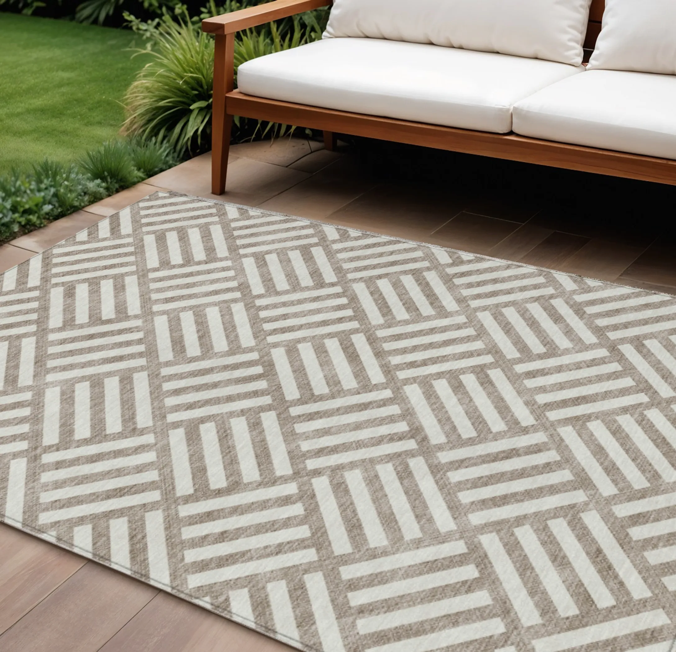 9' X 12' Taupe And Ivory Geometric Washable Indoor Outdoor Area Rug