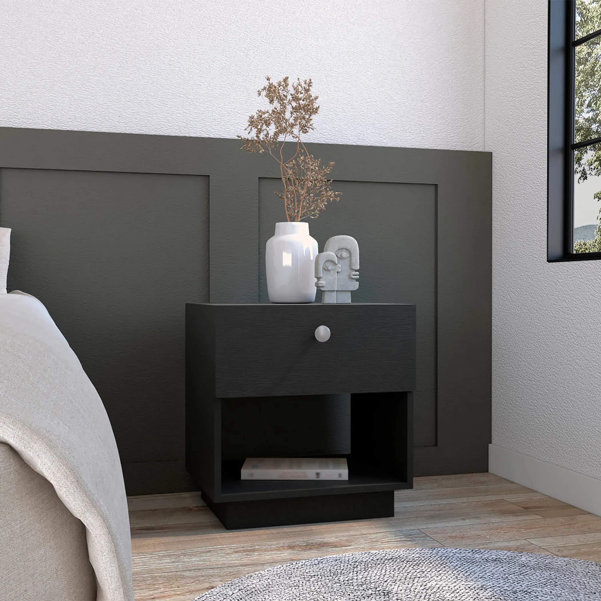 20" Black One Drawer Faux Wood Nightstand - Image 4
