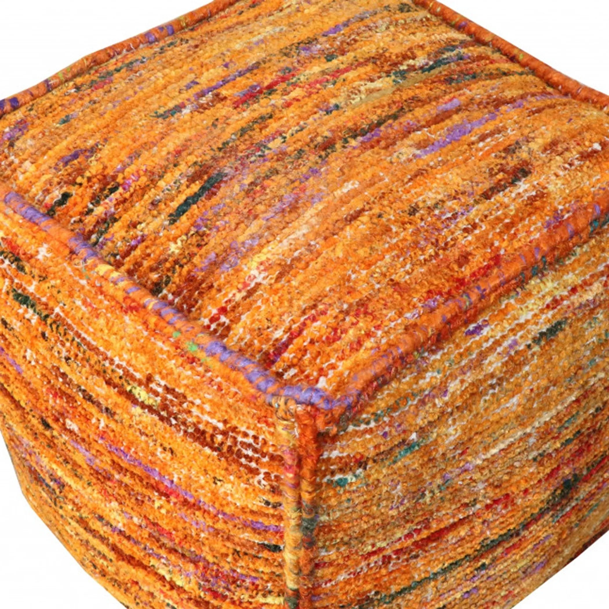 18" Orange Recycled Silk and Cotton Blend Cube Pouf Ottoman - Image 3