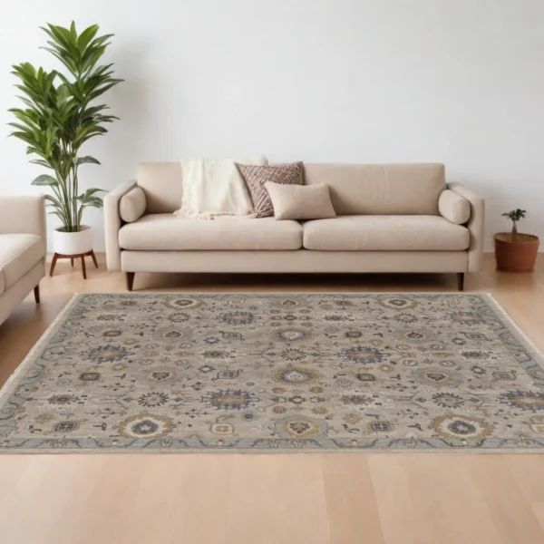 8' X 10' Tan Brown and Gray Wool Oriental Hand Knotted Area Rug With Fringe