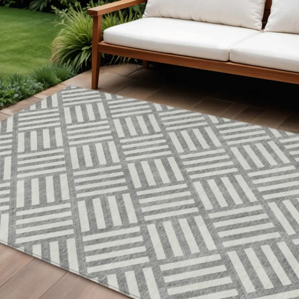 10' X 14' Gray And Ivory Geometric Washable Indoor Outdoor Area Rug