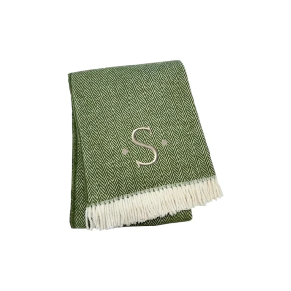 Herringbone Cotton Blend S Initial Throw Blanket with Tassels And Embroidery