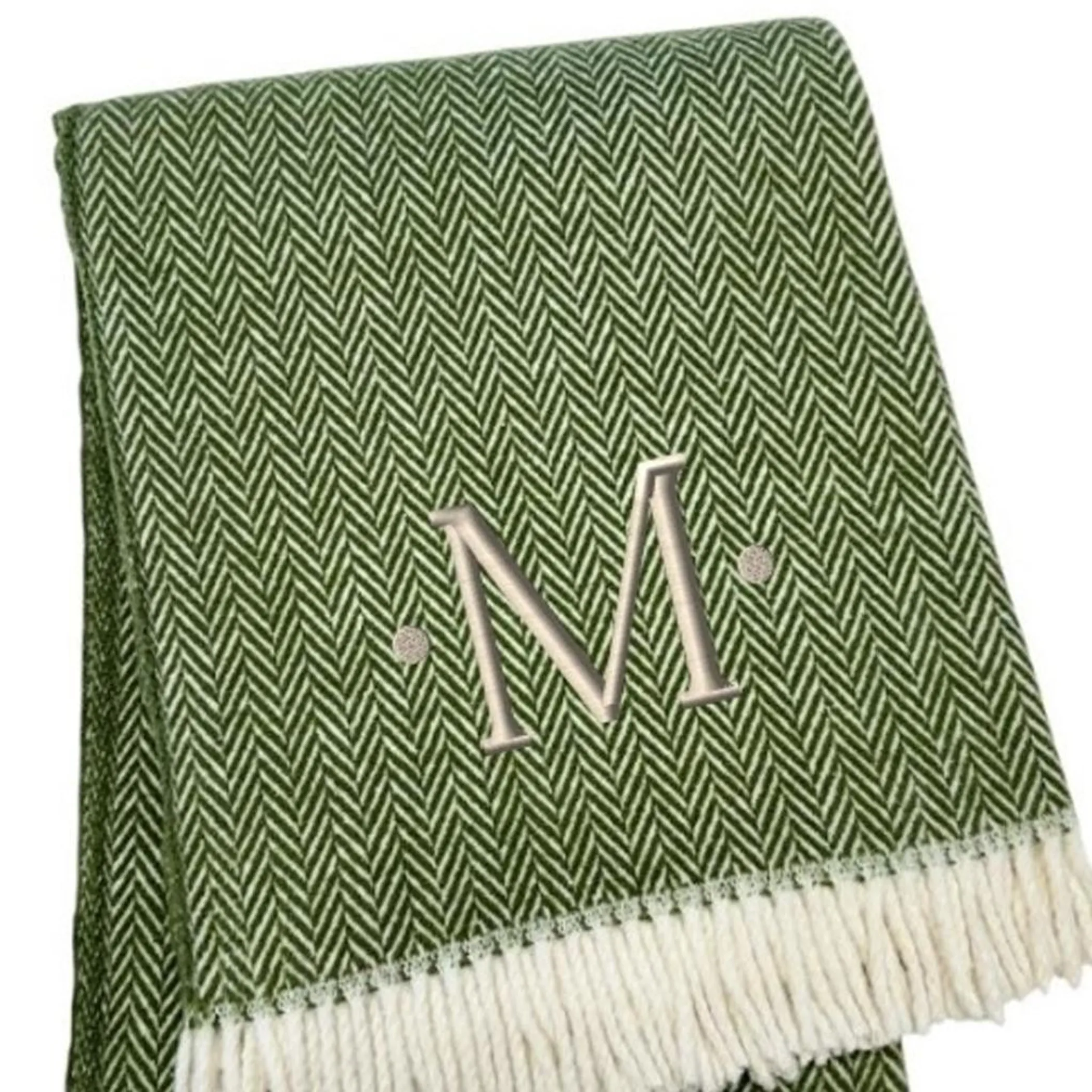 Herringbone Cotton Blend M Initial Throw Blanket with Tassels And Embroidery - Image 5