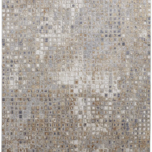 5' X 8' Tan Ivory And Blue Geometric Power Loom Distressed Area Rug