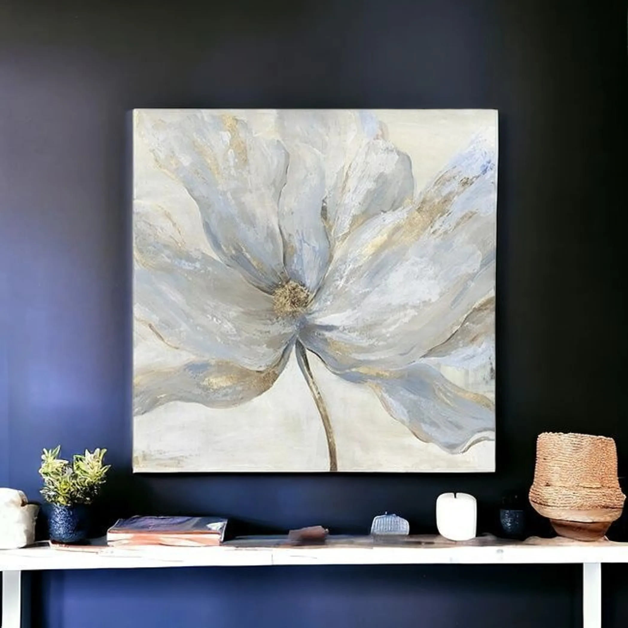 Soft Blue And Grey Flower With Gold Details Unframed Print Wall Art - Image 6