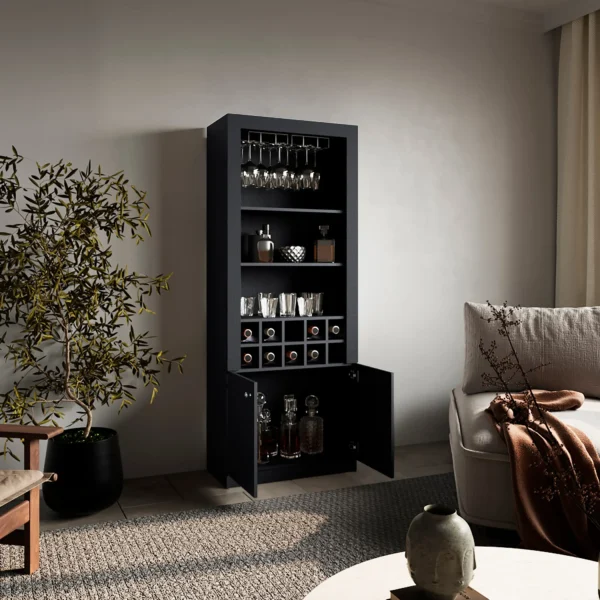 Nero Tall Bar Cabinet 4-Tier Modern Bar Cabinet with Glass Holder Stemware Rack, Wine Cabinet, Liquor Cabinet