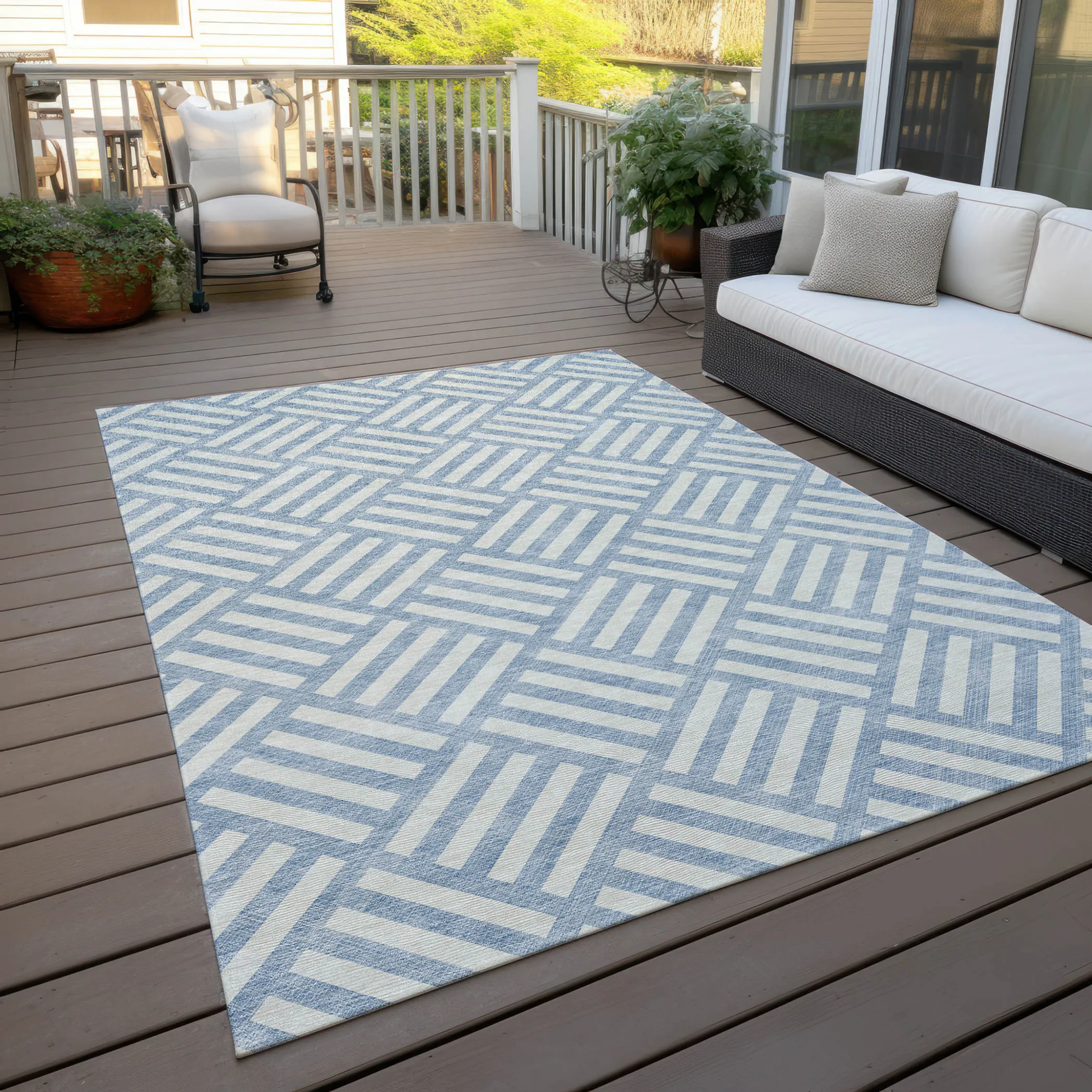 10' X 14' Sky Blue And Ivory Geometric Washable Indoor Outdoor Area Rug - Image 6