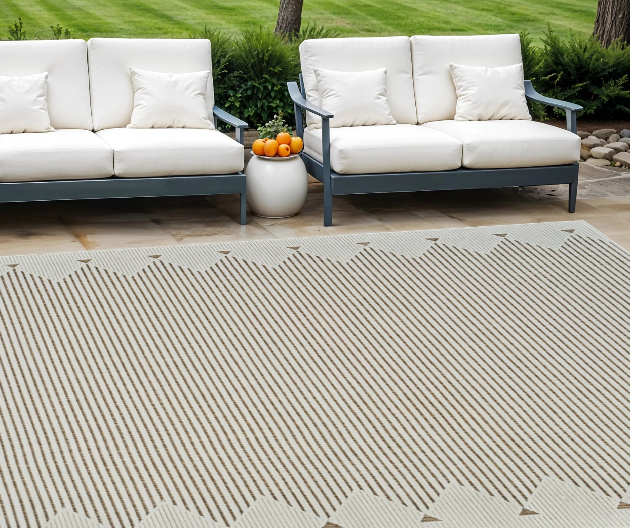 6' X 9' Beige and Brown Geometric Distressed Indoor Outdoor Area Rug