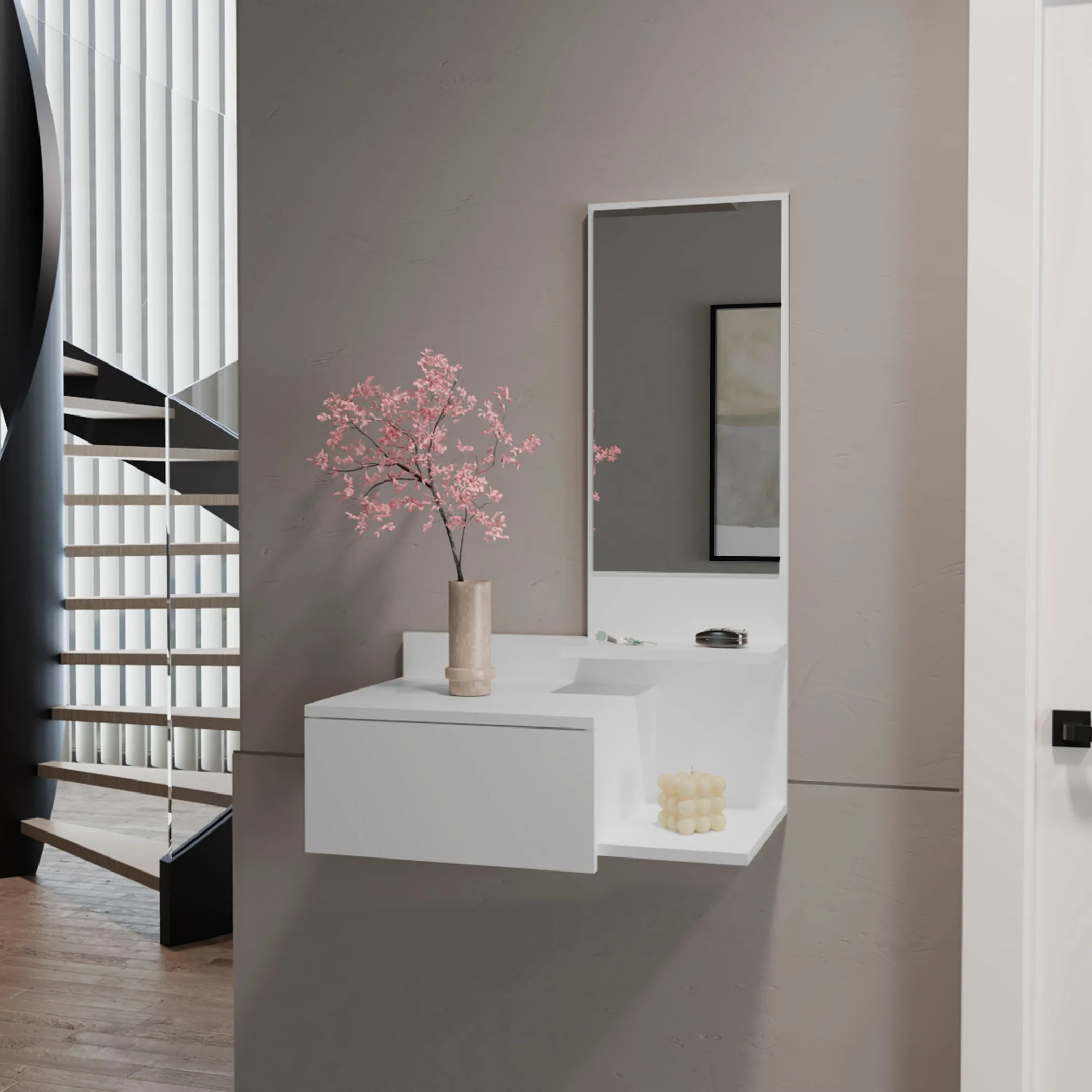 36" White Wood Wall Mounted Accent Cabinet With Drawer And Mirror - Image 6