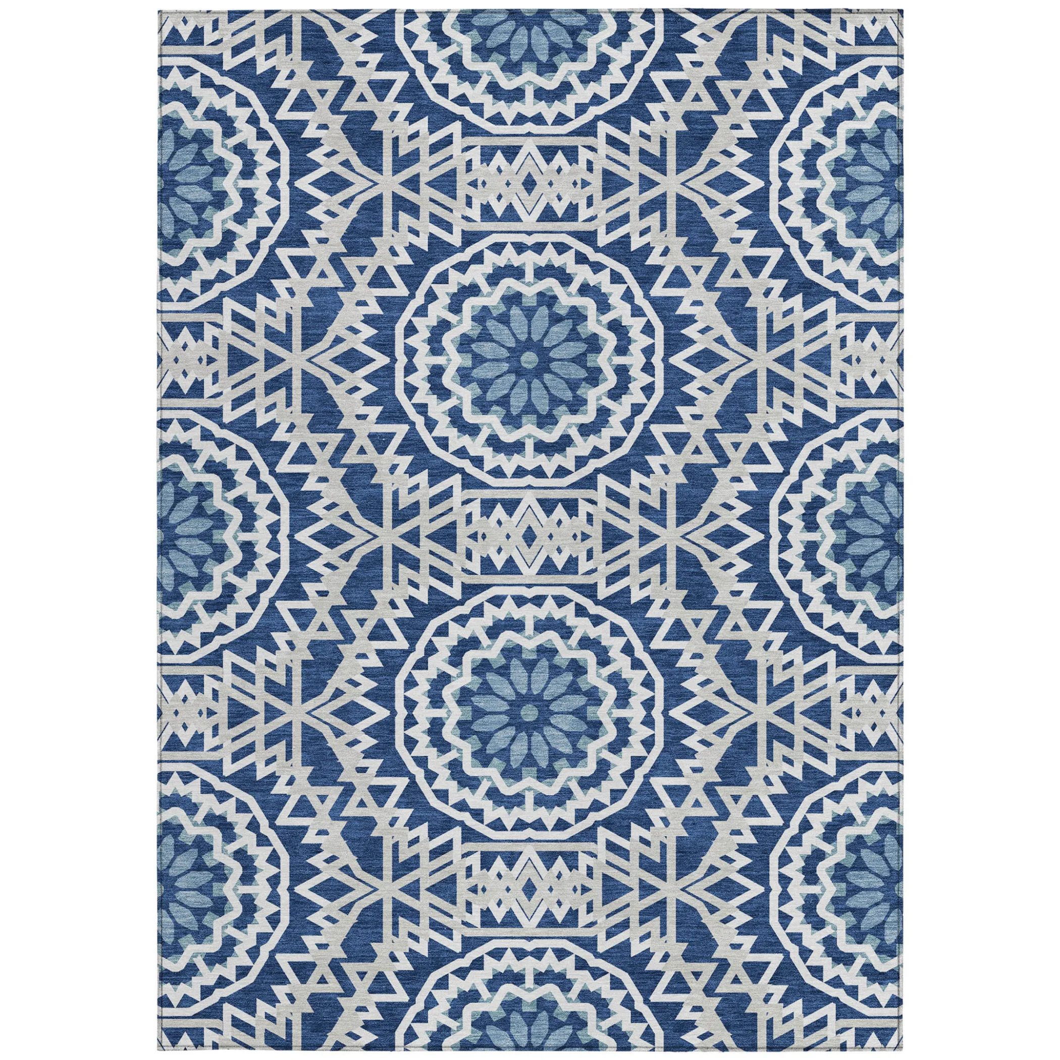 10' X 14' Navy Blue Ivory And Gray Floral Medallion Washable Indoor Outdoor Area Rug - Image 5