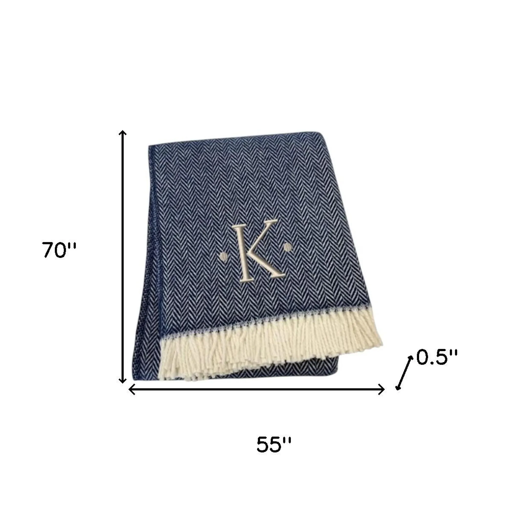 Herringbone Cotton Blend K Initial Throw Blanket with Tassels And Embroidery - Image 5