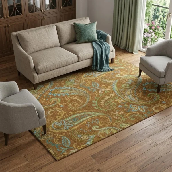 9' X 12' Rust Blue And Green Paisley Washable Area Rug With UV Protection