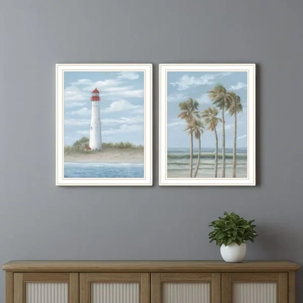 Set Of Two Cape May Lighthouse And Palm Trees White Framed Wall Art