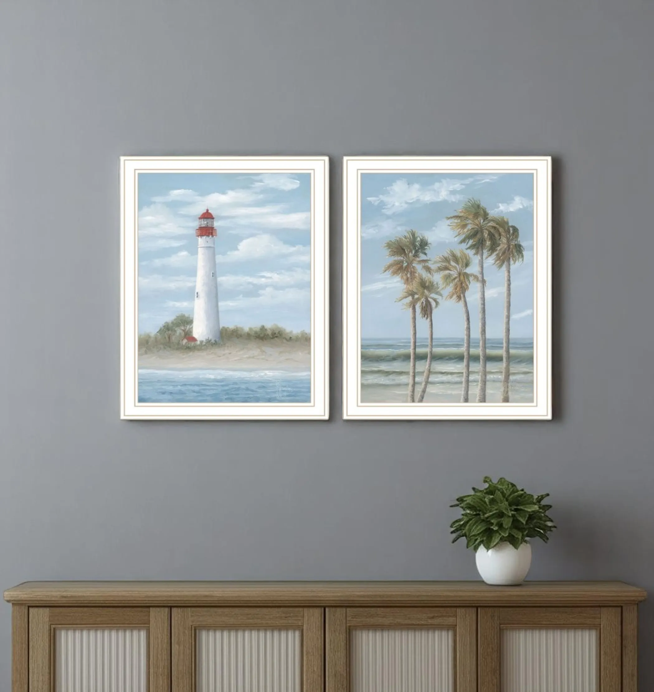 Set Of Two Cape May Lighthouse And Palm Trees White Framed Wall Art
