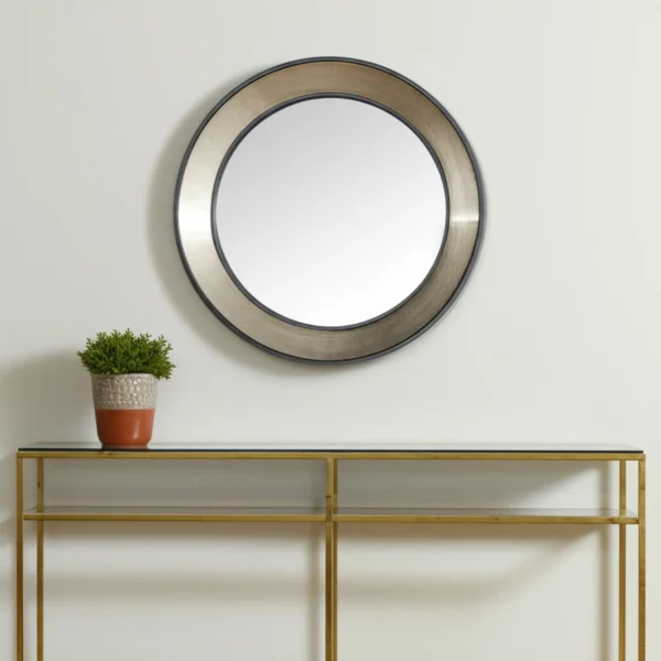 Champagne Dark Metal Wood Round Framed Accent Mirror