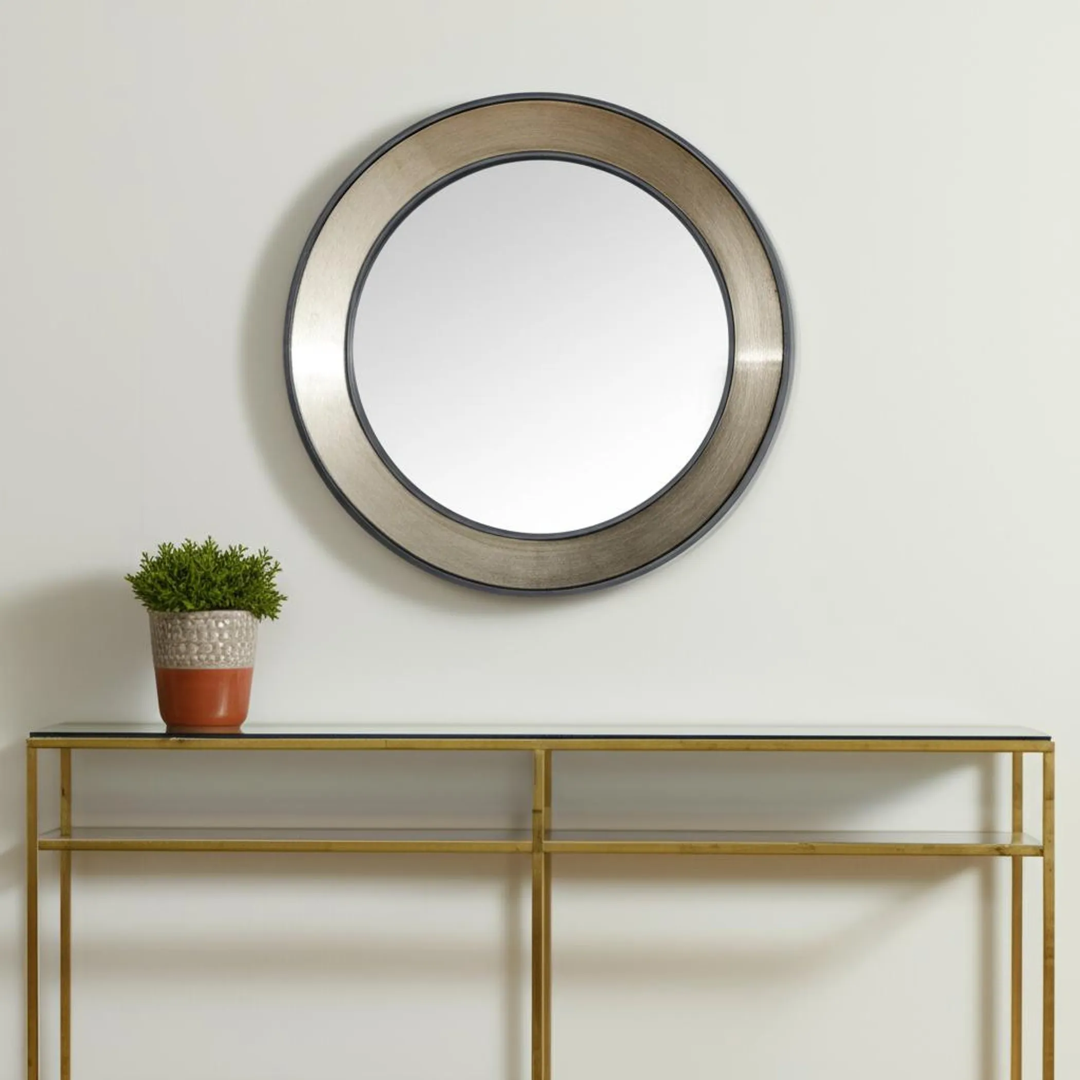 Champagne Dark Metal Wood Round Framed Accent Mirror