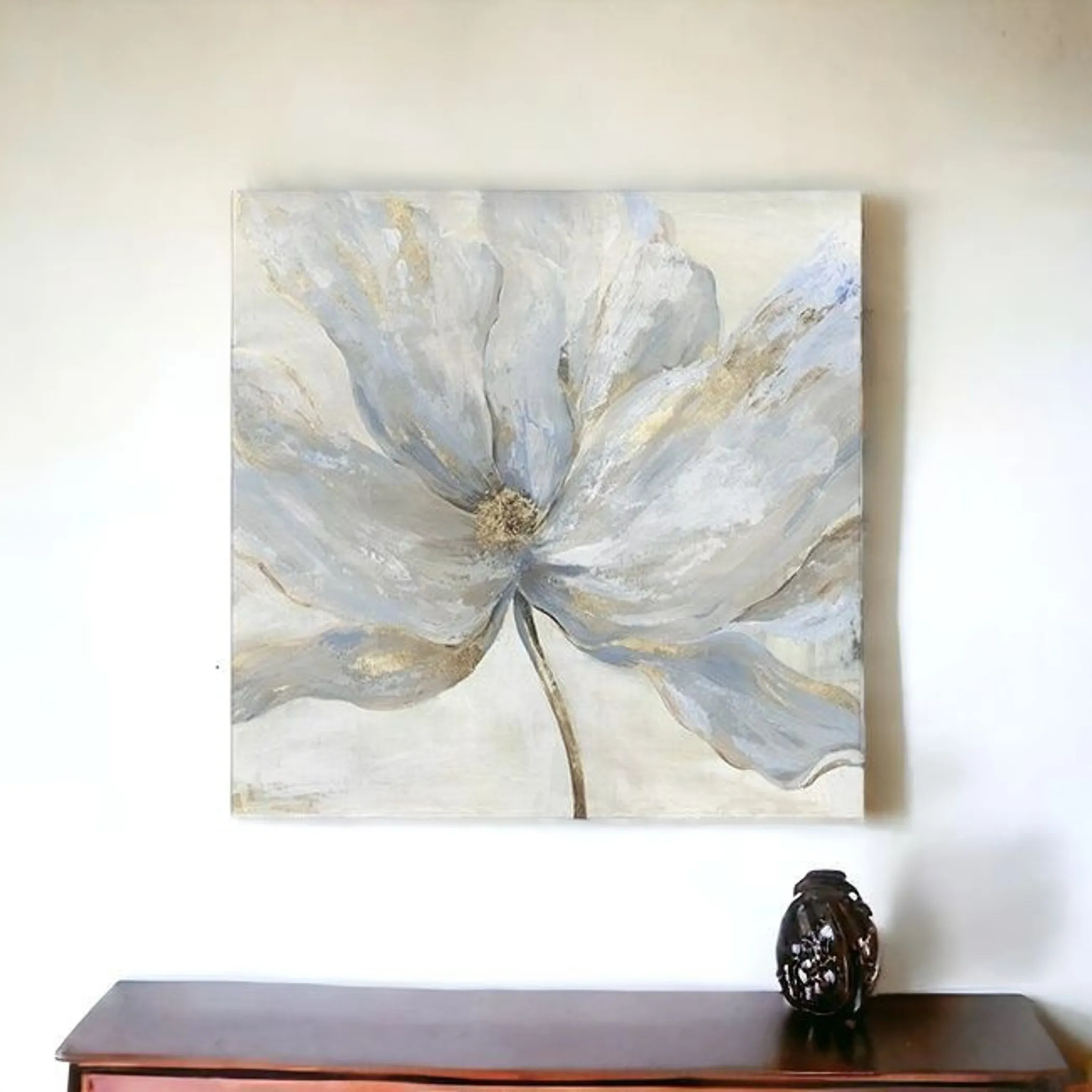 Soft Blue And Grey Flower With Gold Details Unframed Print Wall Art - Image 3