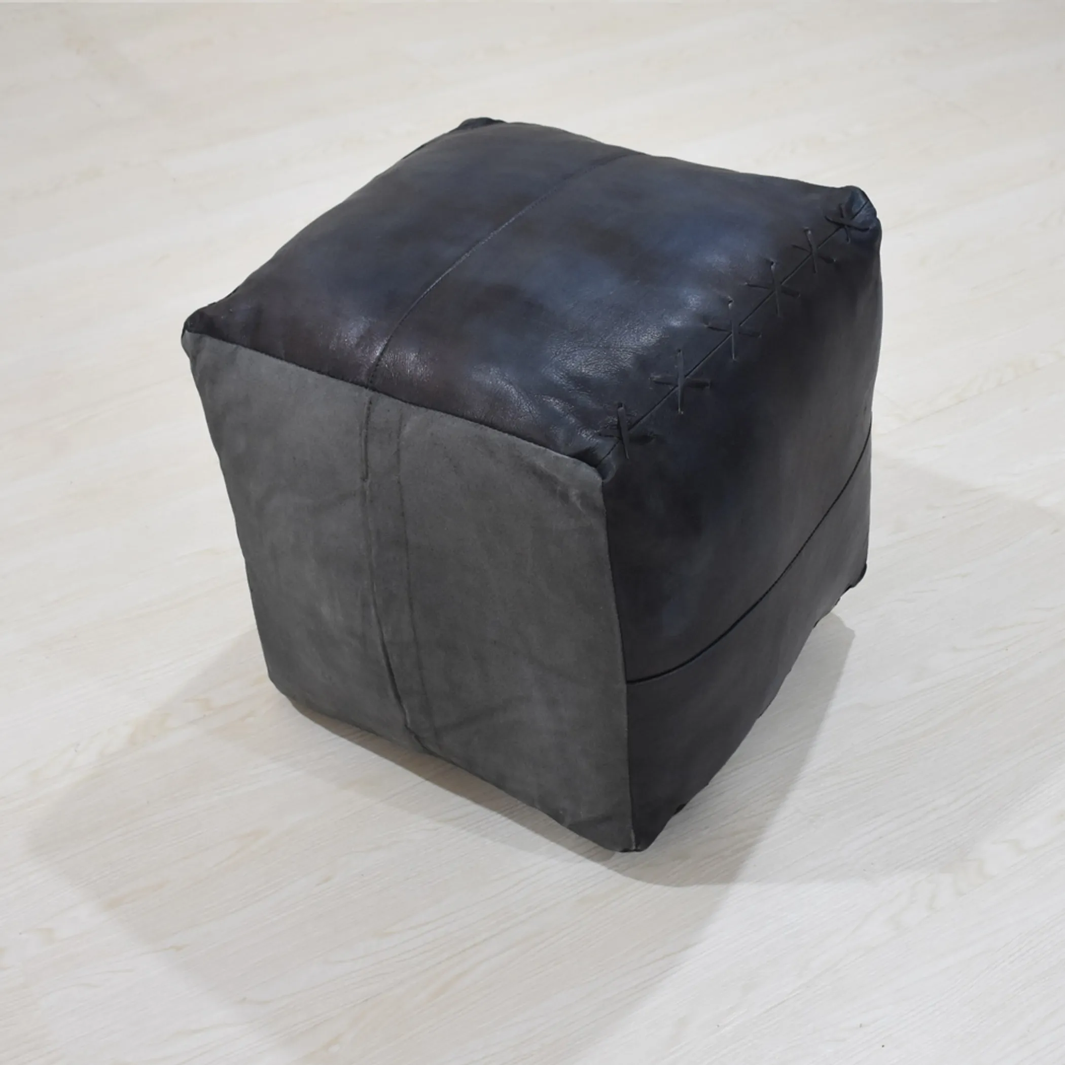 Solid Handmade Goat Leather Square Pouf (Recycled Cotton Fill) - Image 4