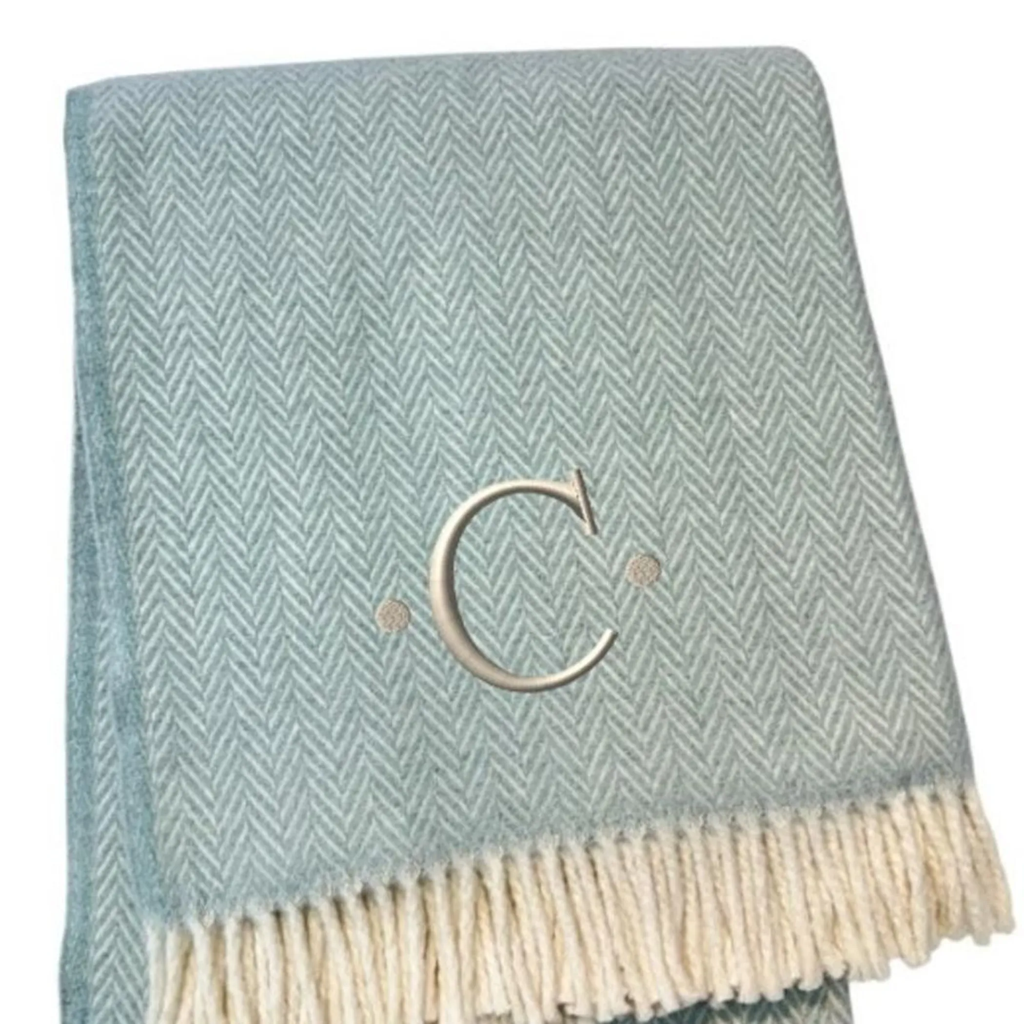 Herringbone Cotton Blend C Initial Throw Blanket with Tassels And Embroidery - Image 4