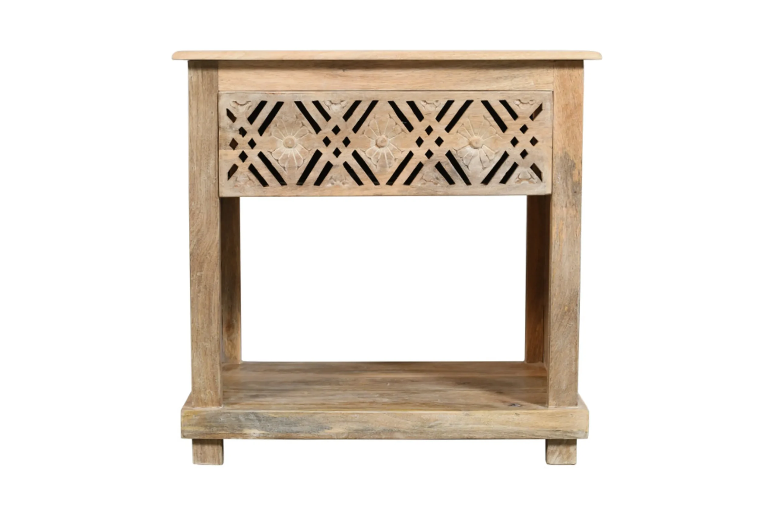 28" Natural Solid Wood Carved Geometric One Drawer Nightstand - Image 4