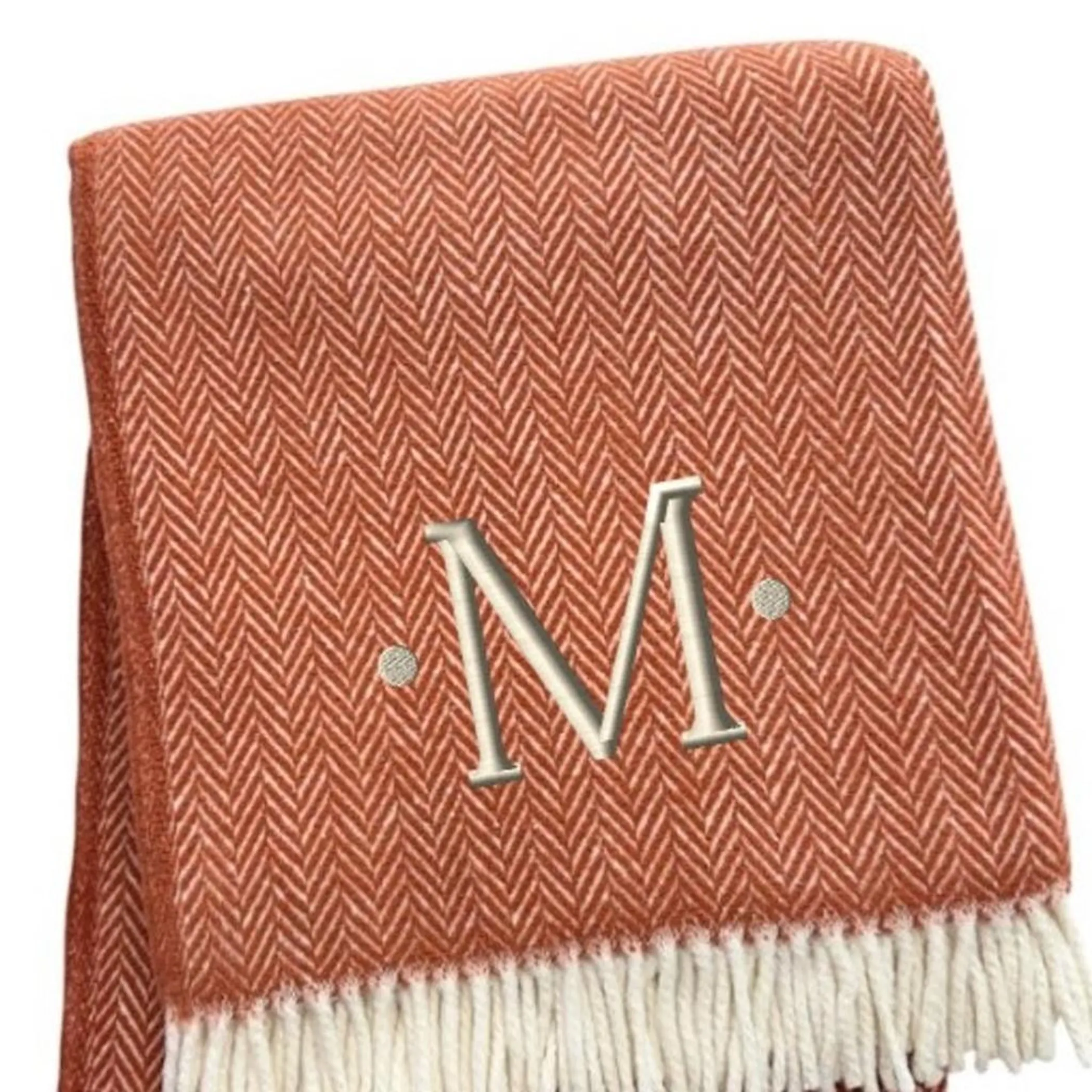 Herringbone Cotton Blend M Initial Throw Blanket with Tassels And Embroidery - Image 4