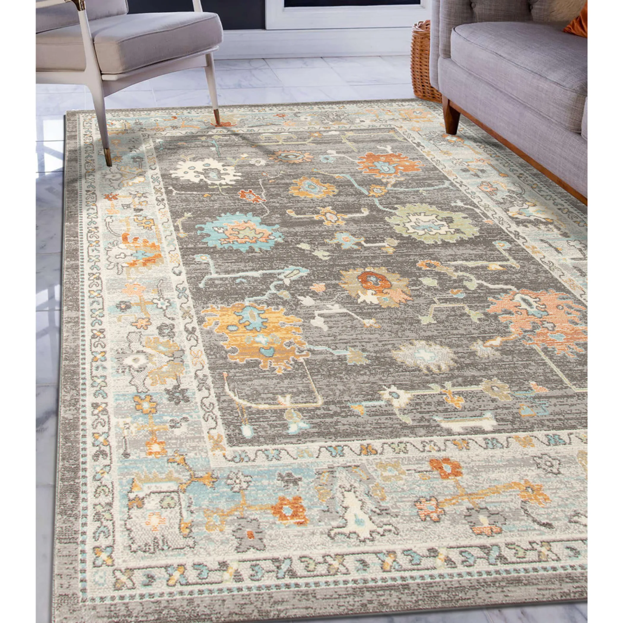 9' X 12' Gray and Orange Floral Stain Resistant Indoor Outdoor Area Rug - Image 3