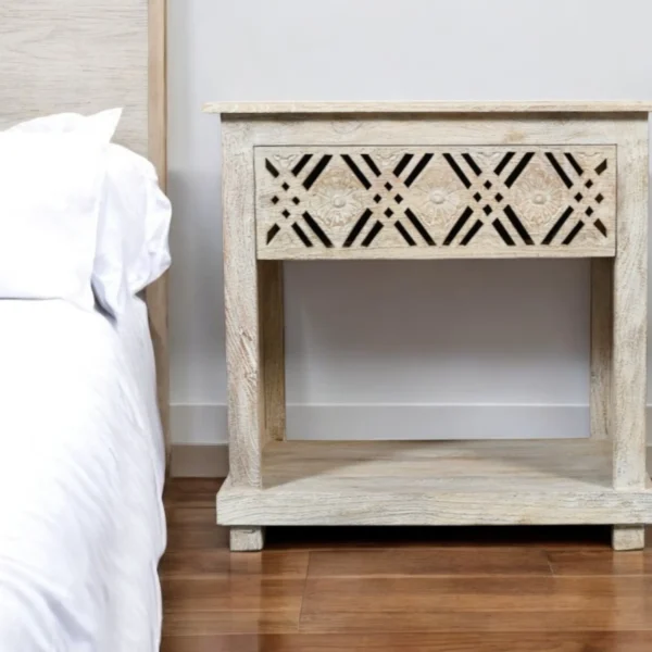 28" White Distressed Carved Geometric Solid Wood Nightstand